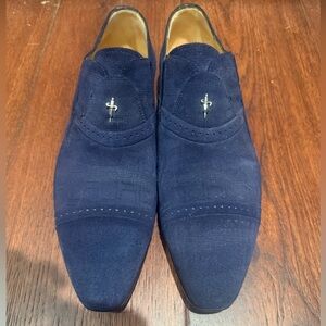 CESARE PACIOTTI ITALIAN SUEDE “DAGGER” LOAFERS, SIZE US 8.5, NAVY